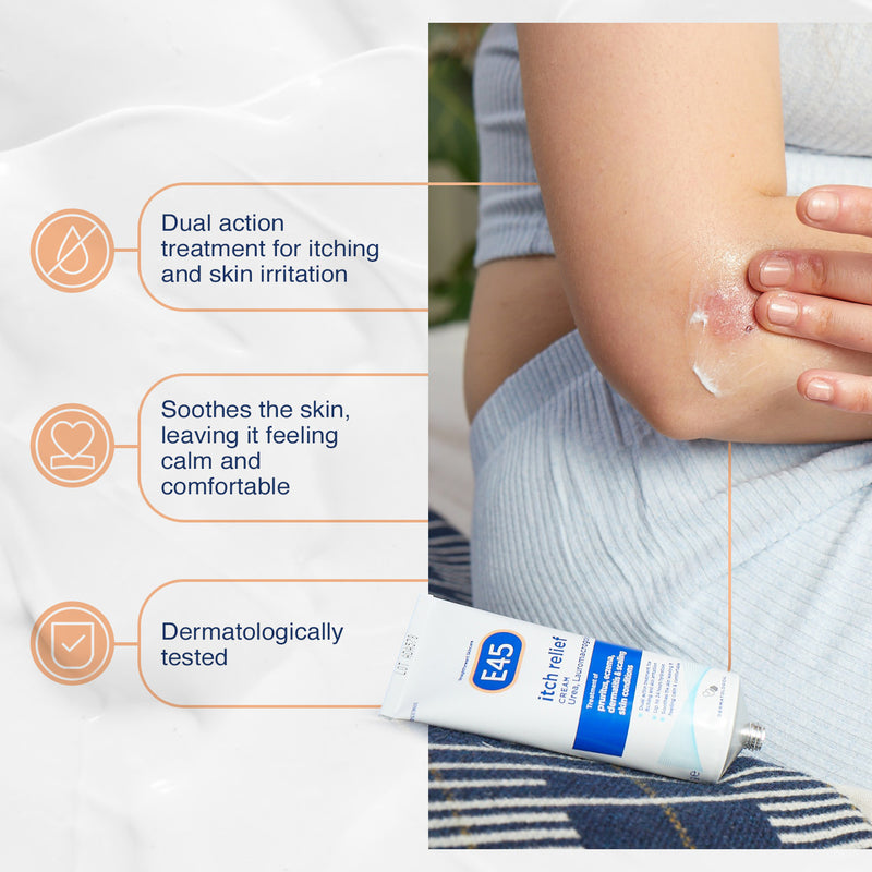 E45 Itch Relief cream  with benefits listed on a white background