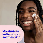Person applying cream to their face with a text bubble indicating skin care benefits.