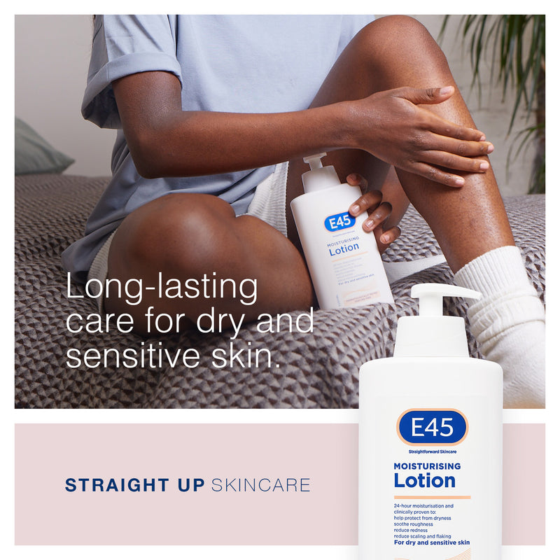 Person applying E45 moisturizing lotion to their leg with text about skin care.