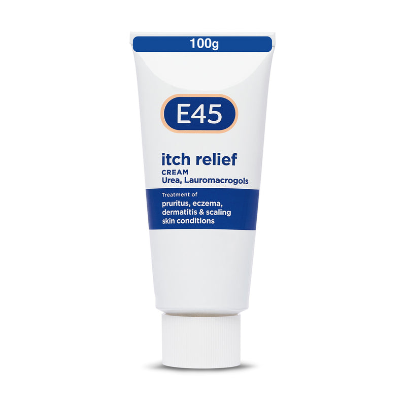 E45 itch relief cream 100g tube on a white background