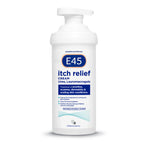 E45 itch relief cream 500g bottle on a white background