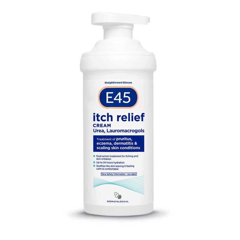 E45 itch relief cream 500g bottle on a white background