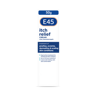 E45 itch relief cream 50g packaging on a white background