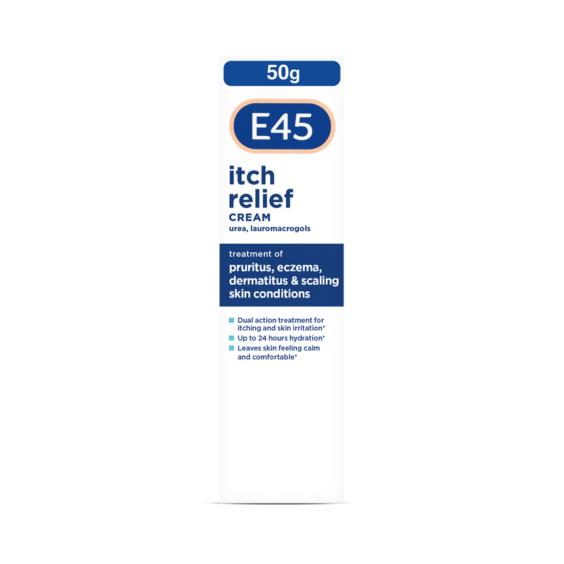 E45 itch relief cream 50g packaging on a white background