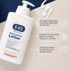 E45 moisturising lotion bottle with features highlighted on a beige background