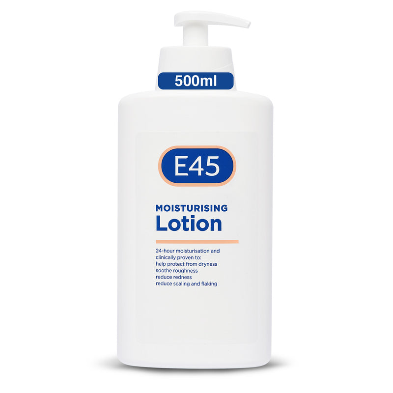 E45 moisturising lotion bottle on a white background