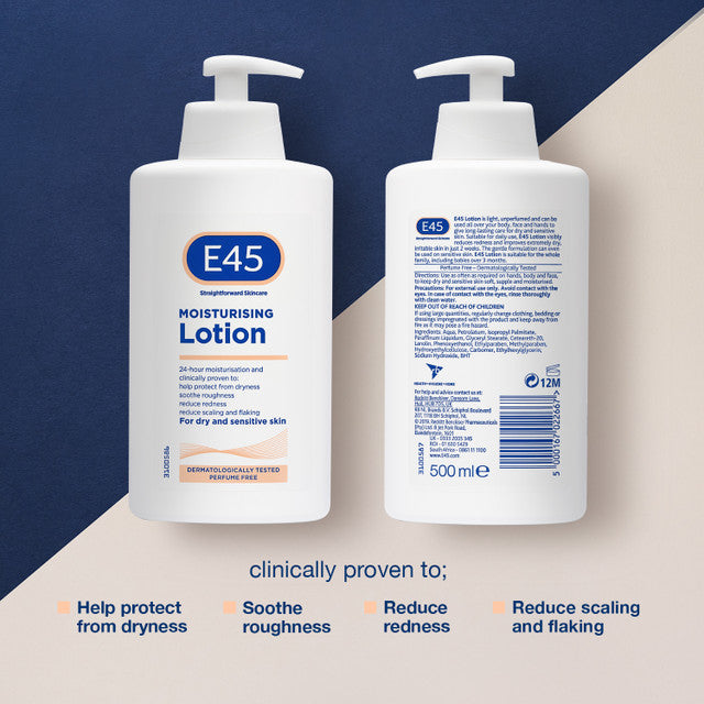 Two bottles of E45 moisturising lotion on a blue and beige background