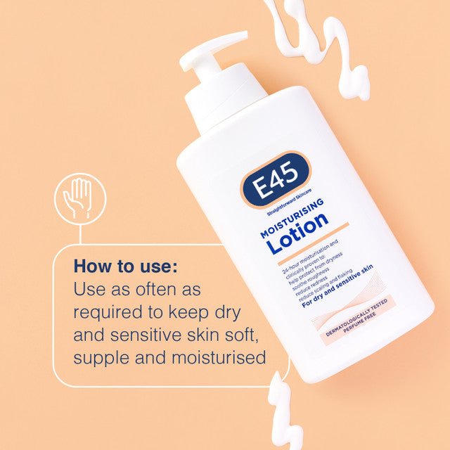 E45 moisturising lotion bottle with usage instructions on a peach background
