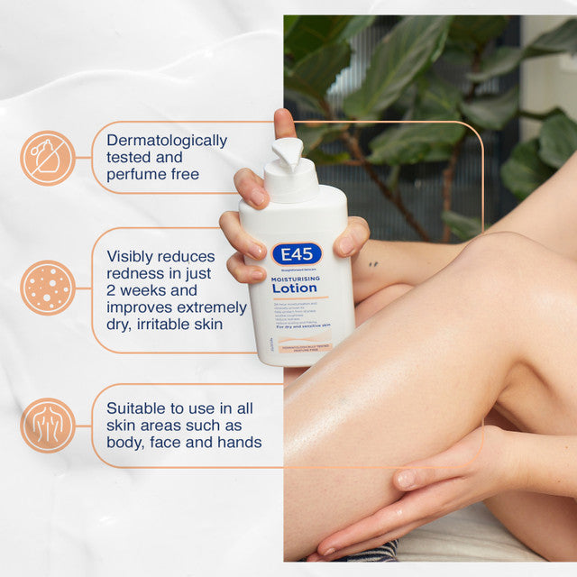 E45 moisturizing lotion being applied to skin with product details on a white background
