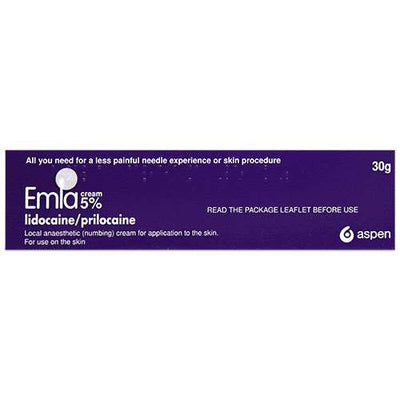 Emla Numbing Cream Lidocaine And Prilocaine 30g Tube Without Dressings packaging with purple label on a white background