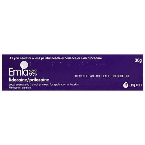 Emla Numbing Cream Lidocaine And Prilocaine 30g Tube Without Dressings packaging with purple label on a white background