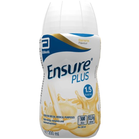 Ensure Plus bottle with banana flavor on a white background