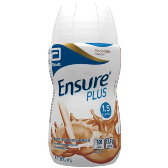 Ensure Plus chocolate flavor supplement bottle on a white background