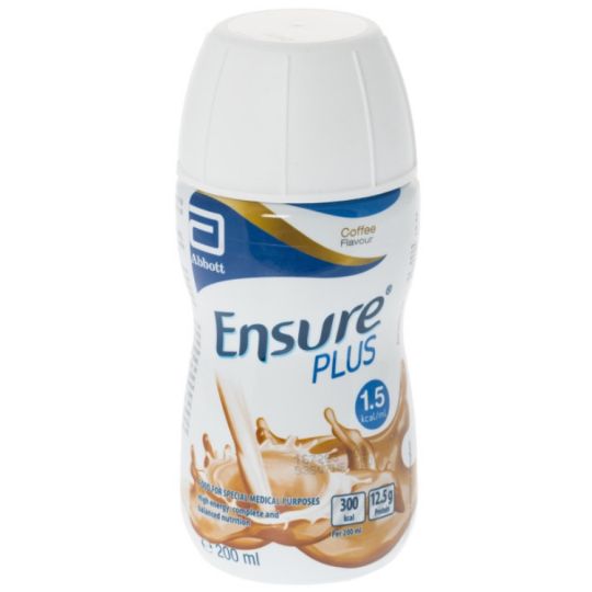 Ensure Plus coffee-flavored supplement bottle on a white background