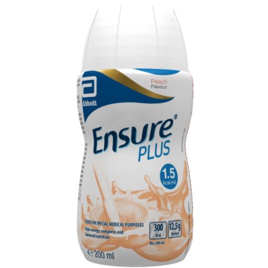 Ensure Plus peach flavor bottle with Abbott logo on a white background