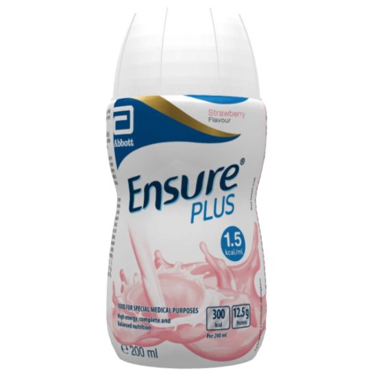 Ensure Plus strawberry flavor supplement bottle on a white background