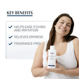 Smiling woman holding Eucerin shampoo, highlighting key benefits like dryness relief.