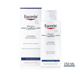 Eucerin shampoo bottle with packaging, labeled 250 ML, soothing dry, itchy scalp.