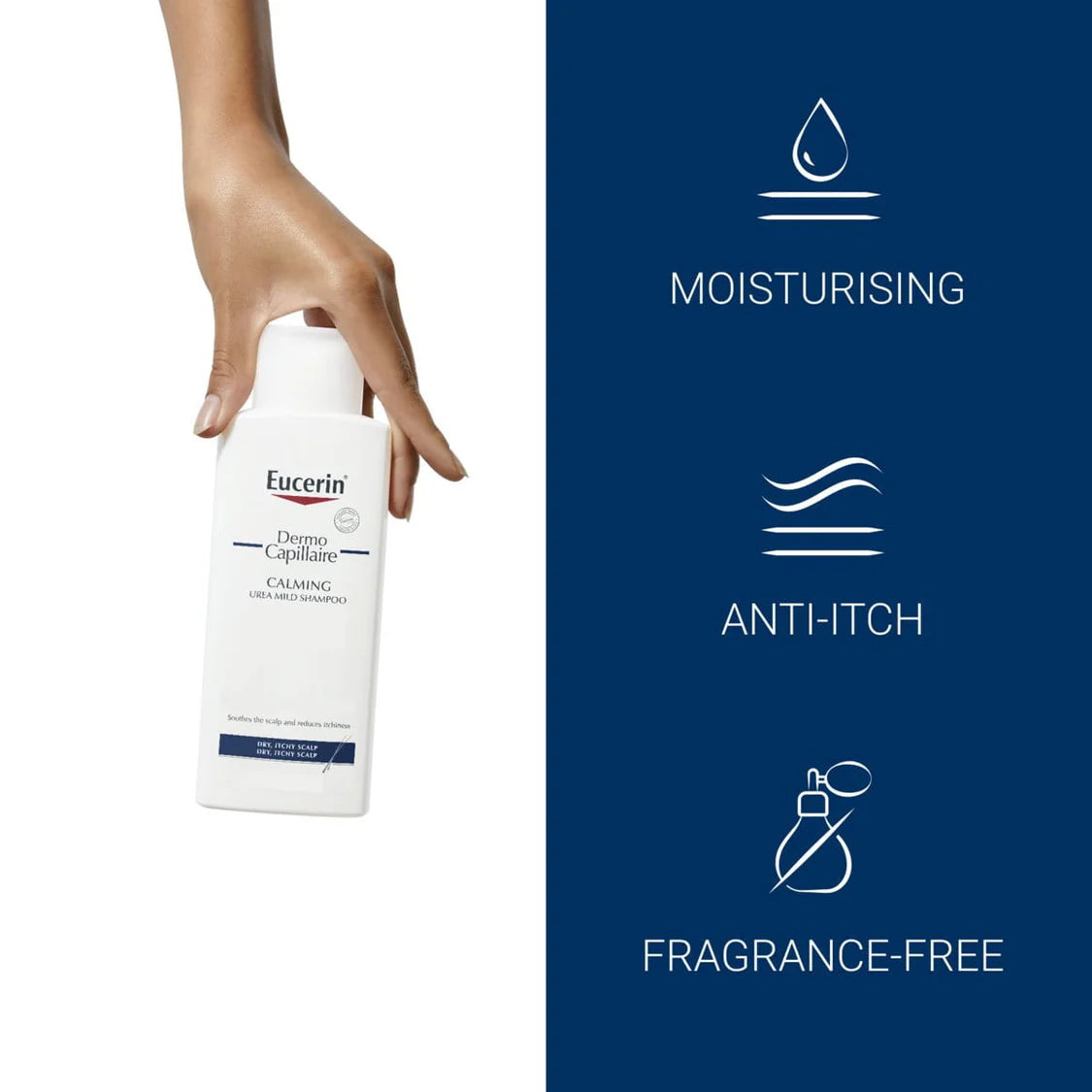Hand holding Eucerin shampoo with icons for moisturizing, anti-itch, and fragrance-free.