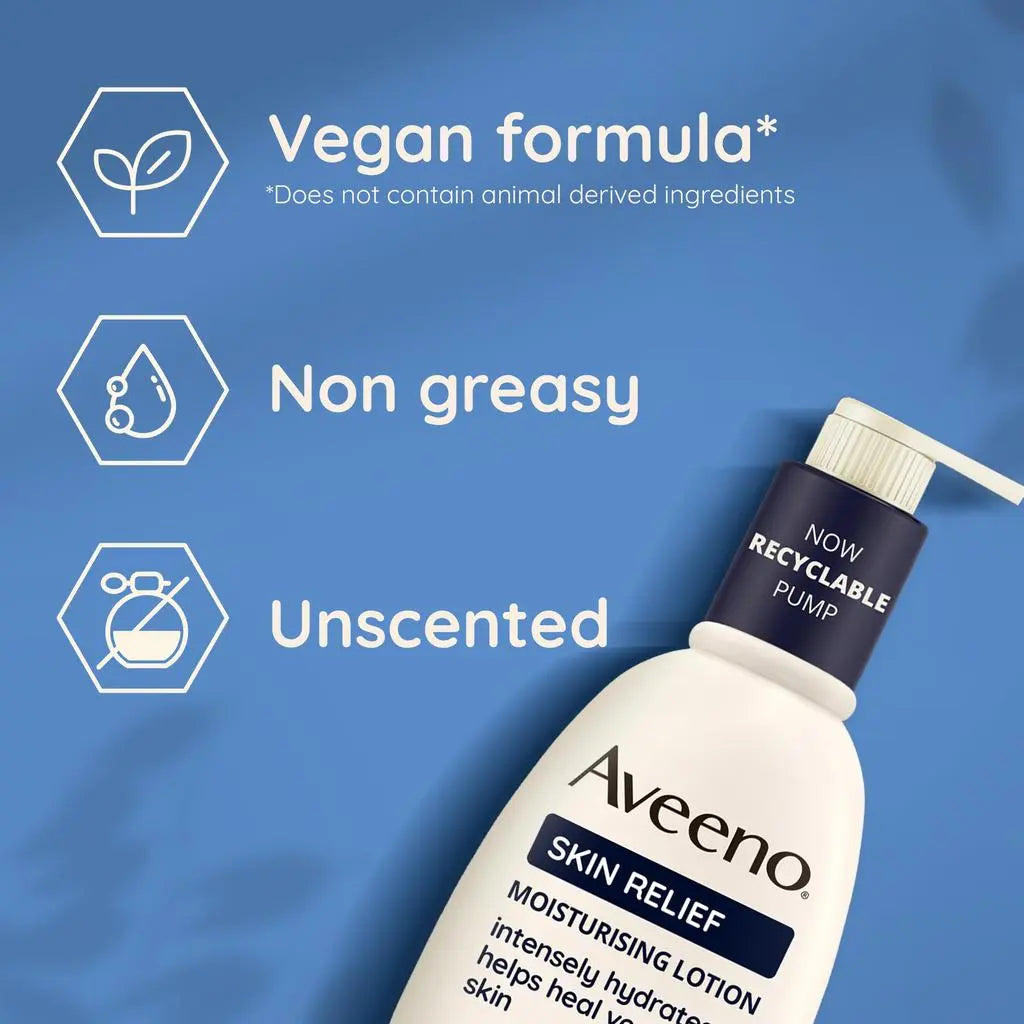 Aveeno skin relief lotion: vegan, non-greasy, unscented, recyclable pump.