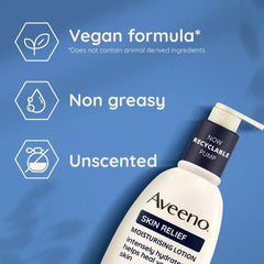 Aveeno skin relief lotion: vegan, non-greasy, unscented, recyclable pump.