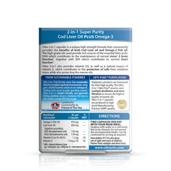 BACK of Vitabiotics Ultra Cod Liver Oil Plus Omega-3, showing benefits, nutrition facts, and purity info.