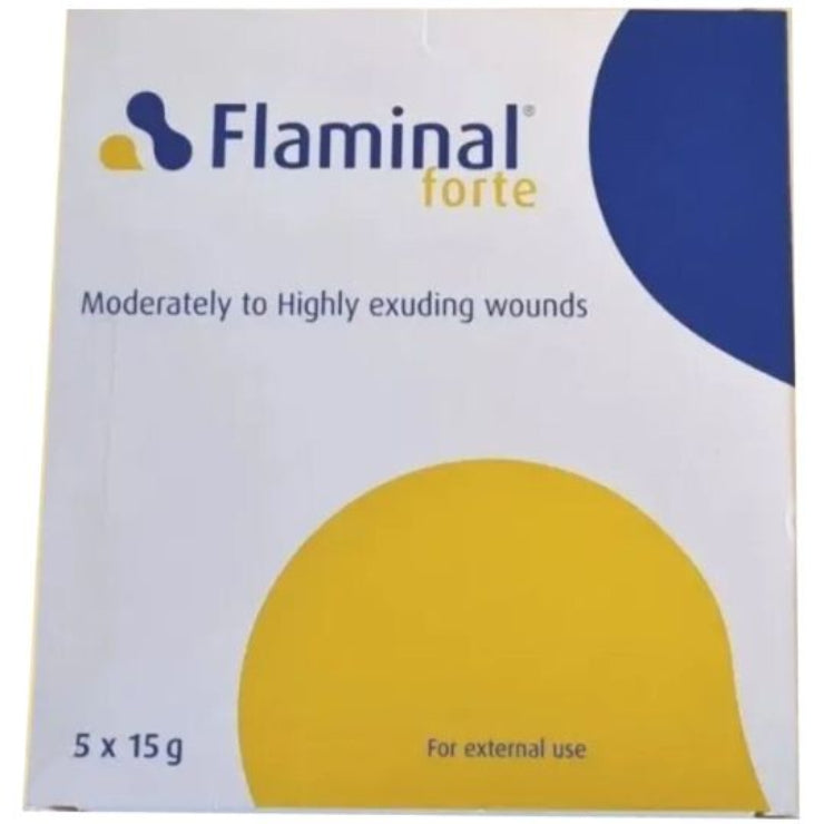 Flaminal forte 5x15g packaging for moderately to highly exuding wounds on a white background