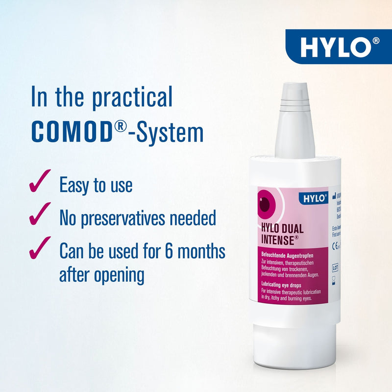 Hylo Dual Intense Eye Drops bottle with product features on a light blue background