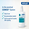 Hylo care bottle with product features on a light blue background