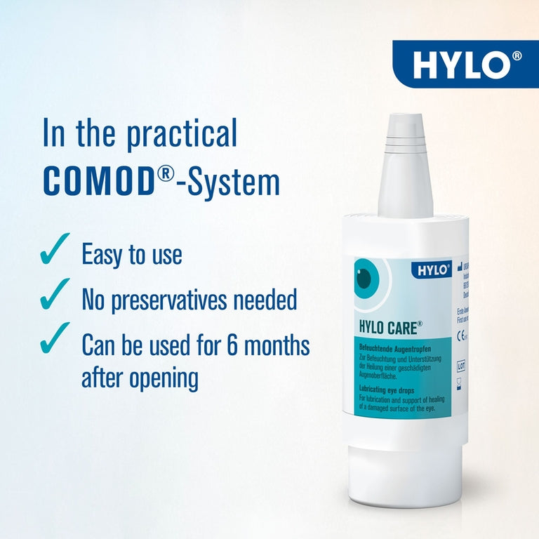 Hylo care bottle with product features on a light blue background