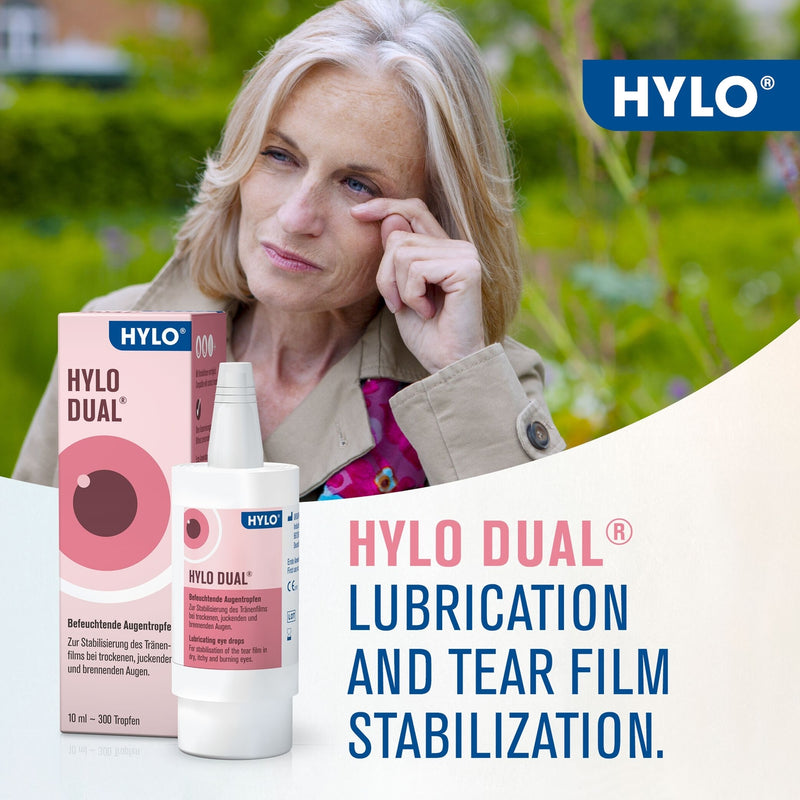 Woman with HYLO Dual eye care products and branding in the background
