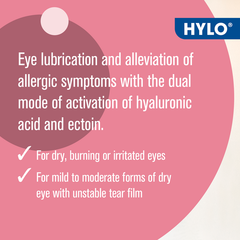 Advertisement for HYLO eye lubricant with text on a pink background