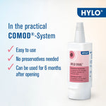 HYLO eye drop bottle with product features on a light blue background