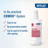 HYLO eye drop bottle with product features on a light blue background