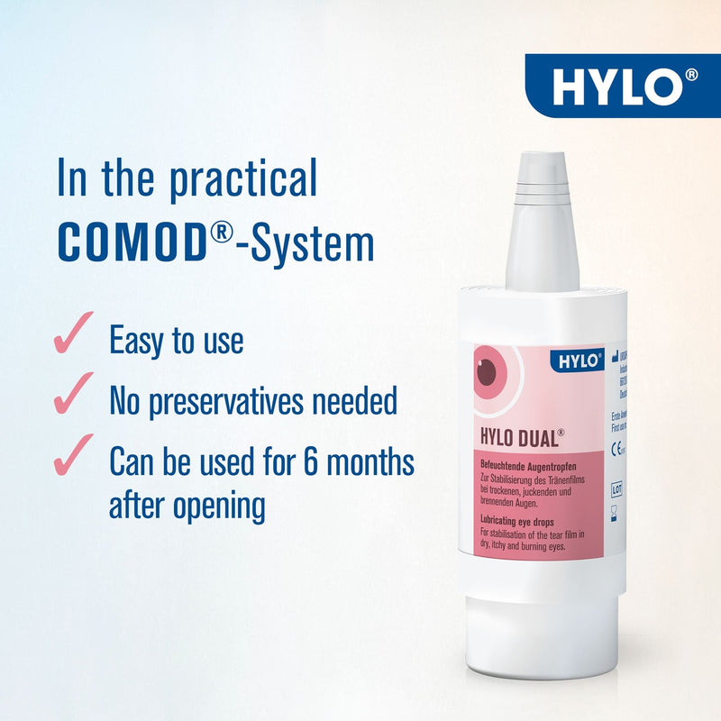 HYLO eye drop bottle with product features on a light blue background