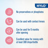 HYLO product information card with icons and text on a light blue background