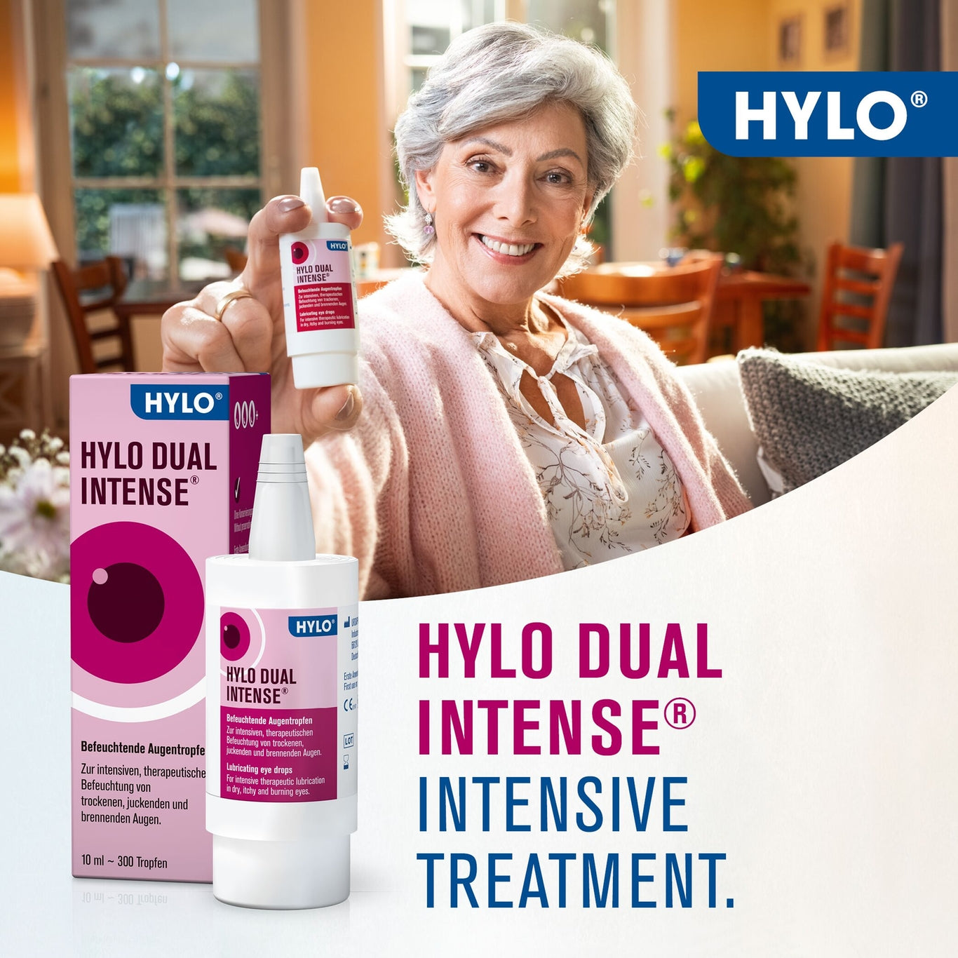 Woman holding HYLO Dual Intense products with the brand logo displayed.