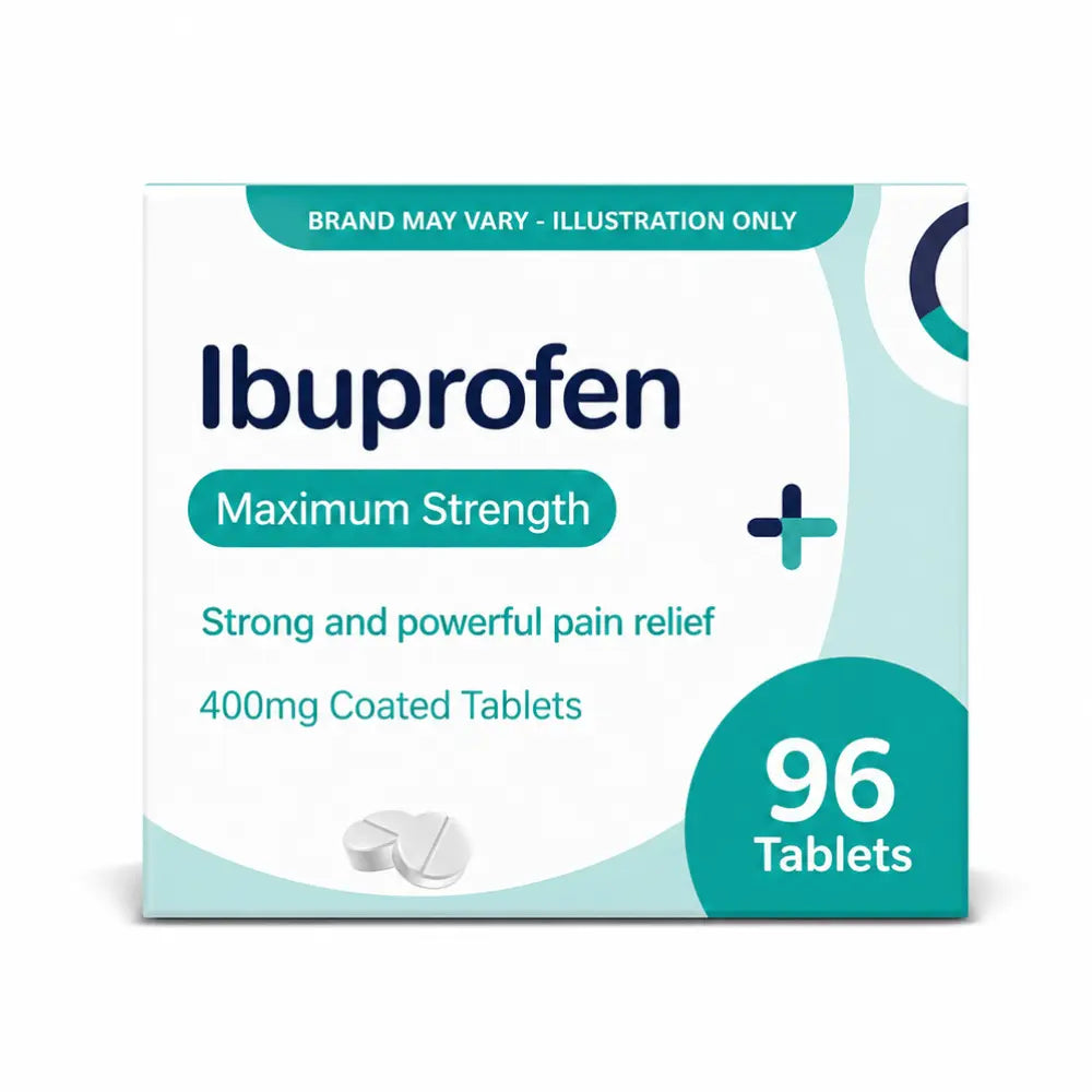 Box of Ibuprofen maximum strength 96 tablets on a white background