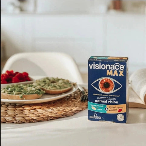 Visionace Max box on a table with food in the background