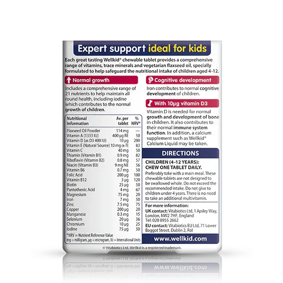 Wellkid multivitamin chewable back label showing supplement facts and directions for kids daily wellbeing.