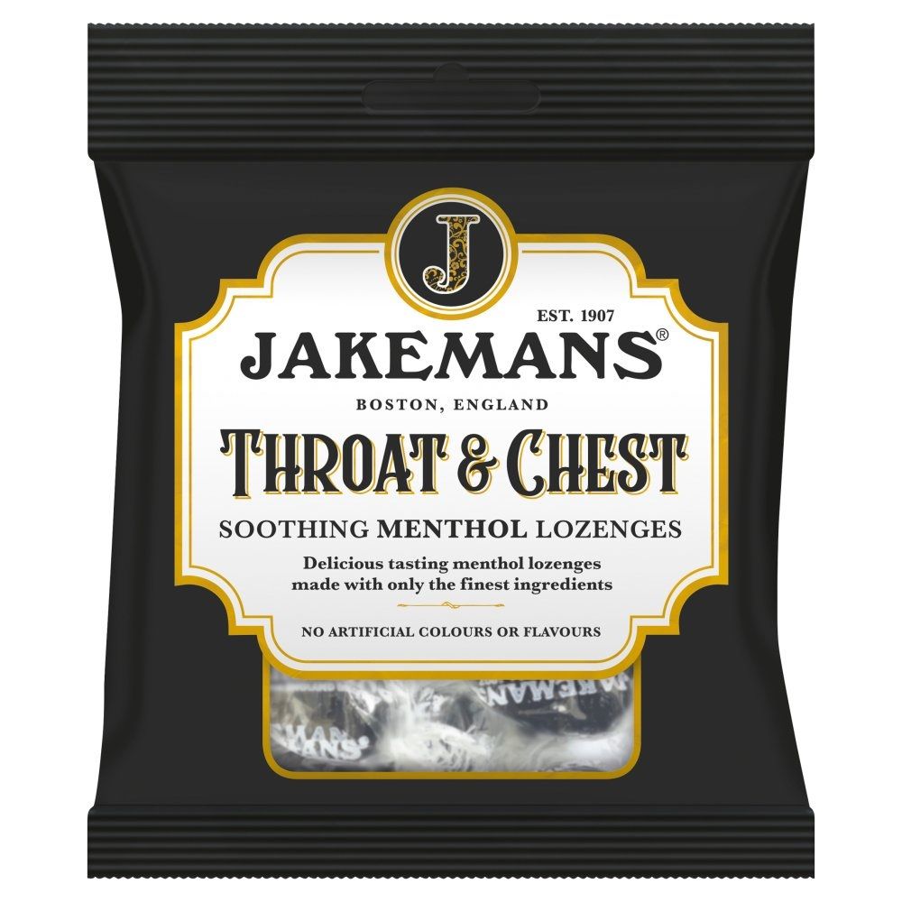 Pack of Jakemans Throat & Chest lozenges 73g with black packaging and gold text.