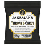 Pack of Jakemans Throat & Chest lozenges 73g with black packaging and gold text.