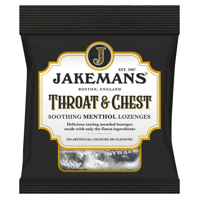 Pack of Jakemans Throat & Chest lozenges 73g with black packaging and gold text.