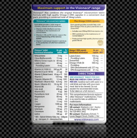 Vitamins and minerals supplement packaging with detailed information on a black textured background