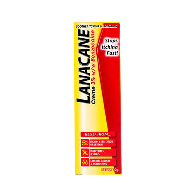 lanacane medicated cream 30g​ packaging with red and yellow design on a white background