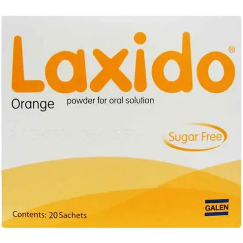 Laxido orange powder 20 sachets for oral solution packaging on a white background