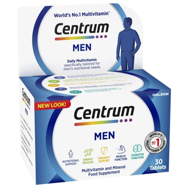 Centrum Men 30 tablets designed to support men’s energy, immunity, muscle function, and cognitive health.