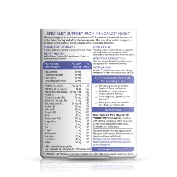 Menopace Night detailed ingredients list, botanical extracts, vitamins, and daily dosage instructions.