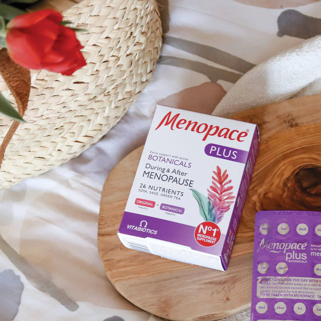 Menopace Plus 56 tablets with 26 nutrients for menopause support, shown with blister pack.