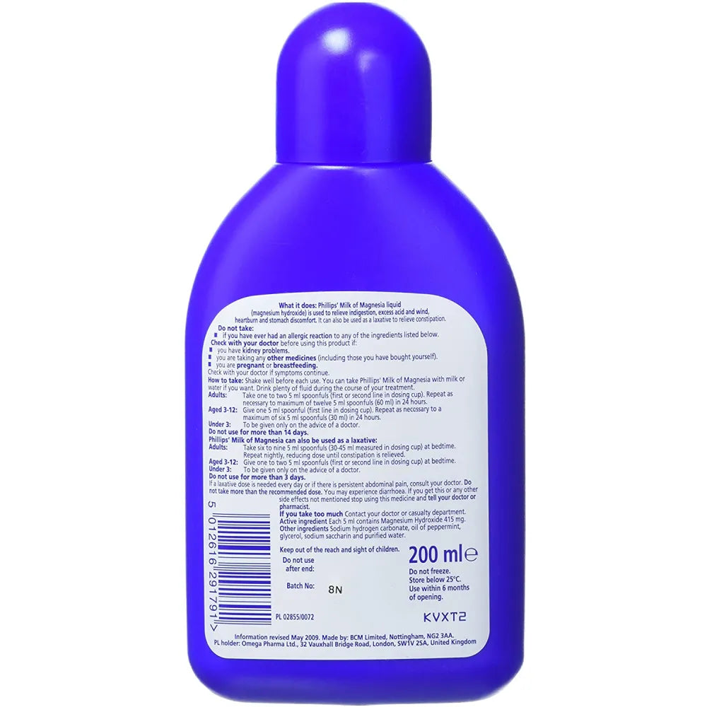 Back label of Phillips' Milk of Magnesia 200ml Liquid showing detailed dosage instructions, safety warnings, and active ingredients for antacid and laxative use.